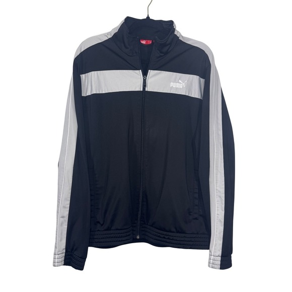 Puma Mens Track Jacket Full Zip Black Gray Striped Lightweight Coat L - Picture 1 of 5